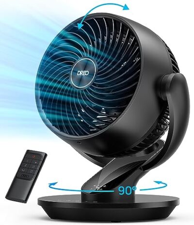 Dreo Table Fans for Home Bedroom, 9 Inch Quiet Oscillating Floor Fan with Remote, Air Circulator Fan for Whole Room, 70ft Powerful Airflow, 120? Adjustable Tilt, 4 Speeds, 8H Timer