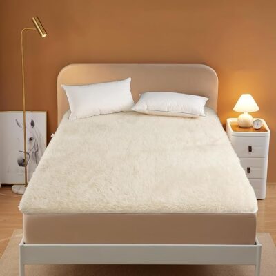 100% Wool Fleece Fitted Mattress Cover Pad with Elastic Bands,Breathable Lamb Wool Mattress,Thicken Pure Wool Bed Topper,Folding Lamb Velvet Mattress,for Twin/Full/Queen/King(Twin, White)